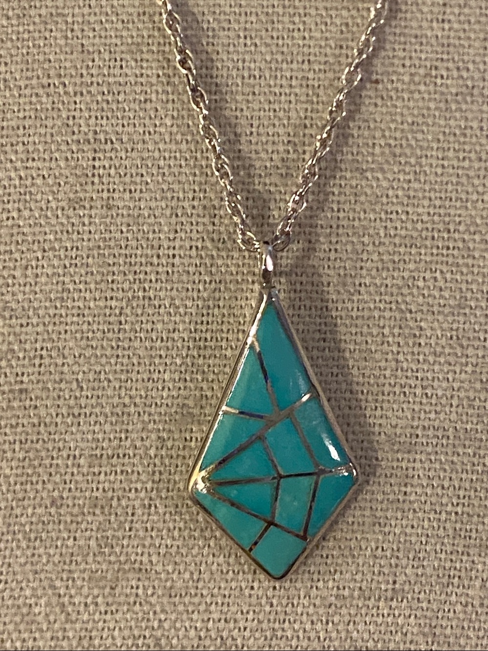 Signed MLK Sterling Zuni Turquoise Inlay Pendant Necklace